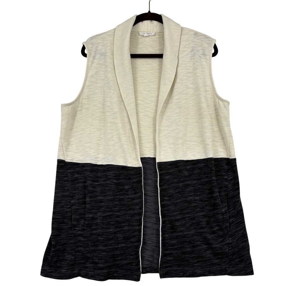 T by Talbots Vest Size L Cream Black Open‎ Tunic Cardigan Pockets Sleeveless